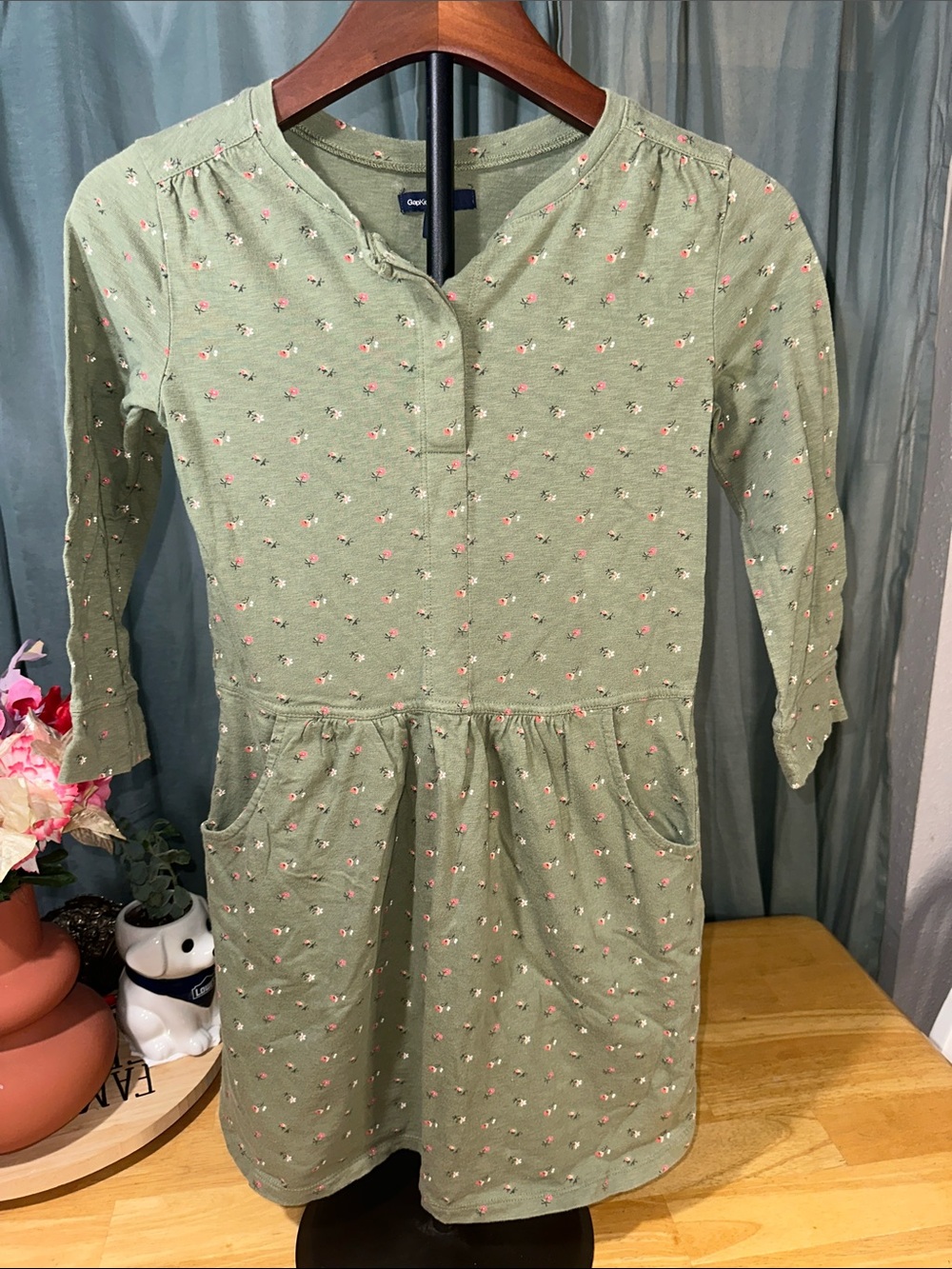 GAP Olive Green Dress with Pink Floral Dots